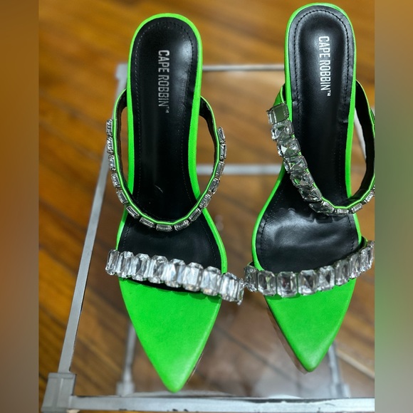Rhinestone Cape Robbin Neon Green Heels - Picture 6 of 9